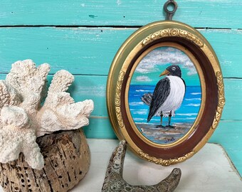 Smiling Seabird Painting: Original Acrylic Folk Art in Gold Frame By CastawaysHall