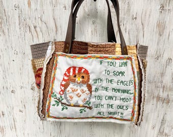 Small Quilted Tote With Vintage Embroidered Owl Poem & Needlepoint, Project Bag