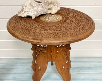 Vintage Carved Wooden Table, Round Moroccan Plant Stand With Folding Legs, Bohemian Style Night Stand Furniture Decor at CastawaysHall