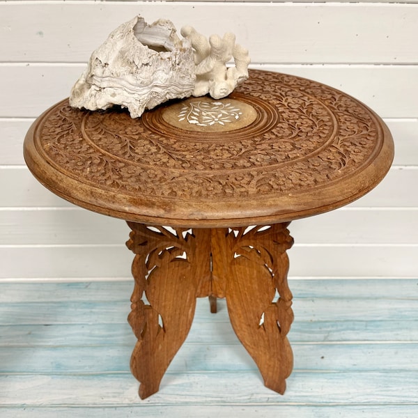 Vintage Carved Wooden Table, Round Moroccan Plant Stand With Folding Legs, Bohemian Style Night Stand Furniture Decor at CastawaysHall