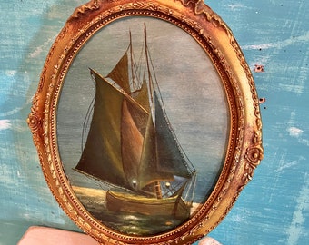 Vintage Sailboat At Night Oil Painting In Oval Gold Antique Frame, Original Seascape Nautical Wall Art For The Beach House at CastawaysHall