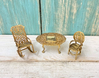 Vintage Gold Miniature Filigree Dollhouse Furniture, Antique World's Fair London Souvenir Table & Chairs at CastawaysHall