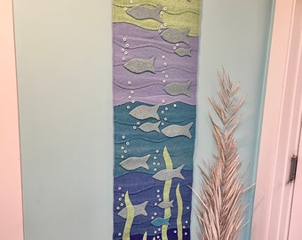Wool School of Fish Textile Art: Sea Glass Beach House Decor By CastawaysHall