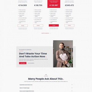 May include: A website screenshot with a white background and red accents. The page features pricing tiers labeled Bronze, Silver, Gold, and Diamond, each with a price in Euros. The page also includes a call to action with the text "Don't Waste Your Time And Take Action Now."