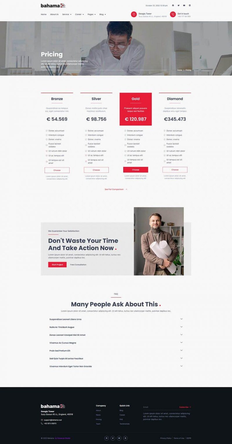 May include: A website screenshot with a white background and red accents. The page features pricing tiers labeled Bronze, Silver, Gold, and Diamond, each with a price in Euros. The page also includes a call to action with the text "Don't Waste Your Time And Take Action Now."