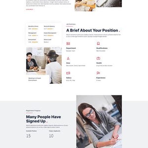 May include: A website page for an interior designer job. The page includes the company logo, job details, and a call to action. The page has images of people working and text that says "Interior Designer".