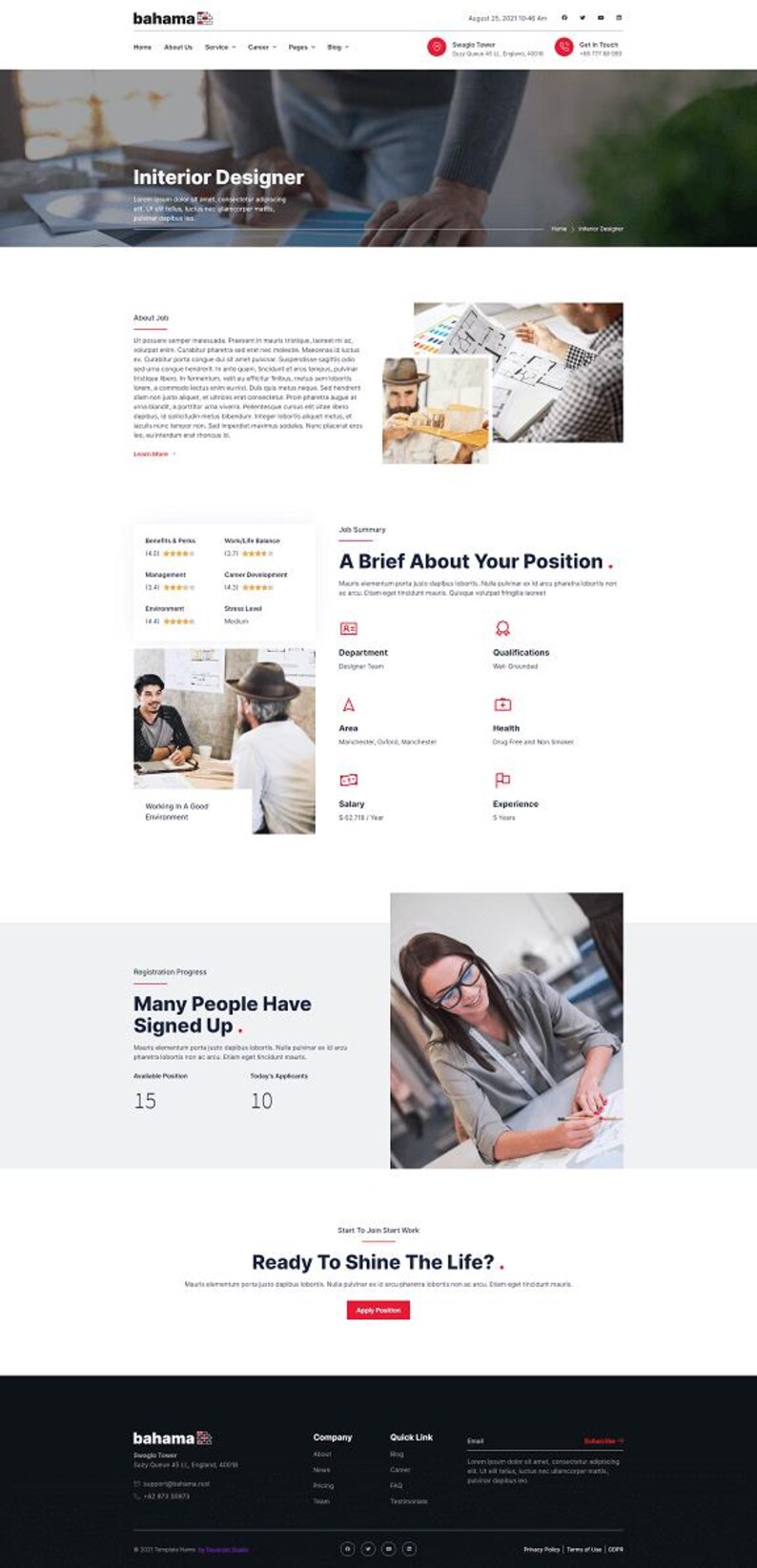 May include: A website page for an interior designer job. The page includes the company logo, job details, and a call to action. The page has images of people working and text that says "Interior Designer".