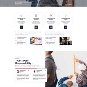 May include: A website homepage for Bahama, featuring a header with navigation, a hero image of construction workers, and sections detailing their process. The page includes text and images.