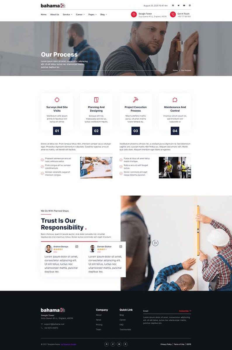 May include: A website homepage for Bahama, featuring a header with navigation, a hero image of construction workers, and sections detailing their process. The page includes text and images.