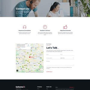 May include: A website design featuring the "bahama" logo, a contact us section with customer service representatives wearing headsets, and a "Let's Talk" form. The site includes icons for responsive consultation, availability, and recommendations.