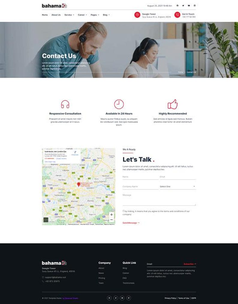 May include: A website design featuring the "bahama" logo, a contact us section with customer service representatives wearing headsets, and a "Let's Talk" form. The site includes icons for responsive consultation, availability, and recommendations.