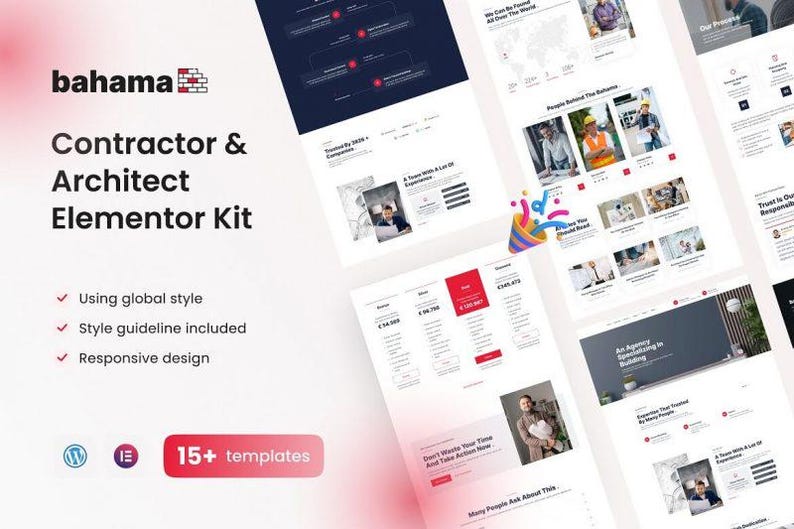 May include: A promotional image for the Bahama Contractor & Architect Elementor Kit. The image showcases multiple website templates with a clean, modern design. The kit includes global style, style guidelines, and responsive design. The image also highlights the availability of 15+ templates.