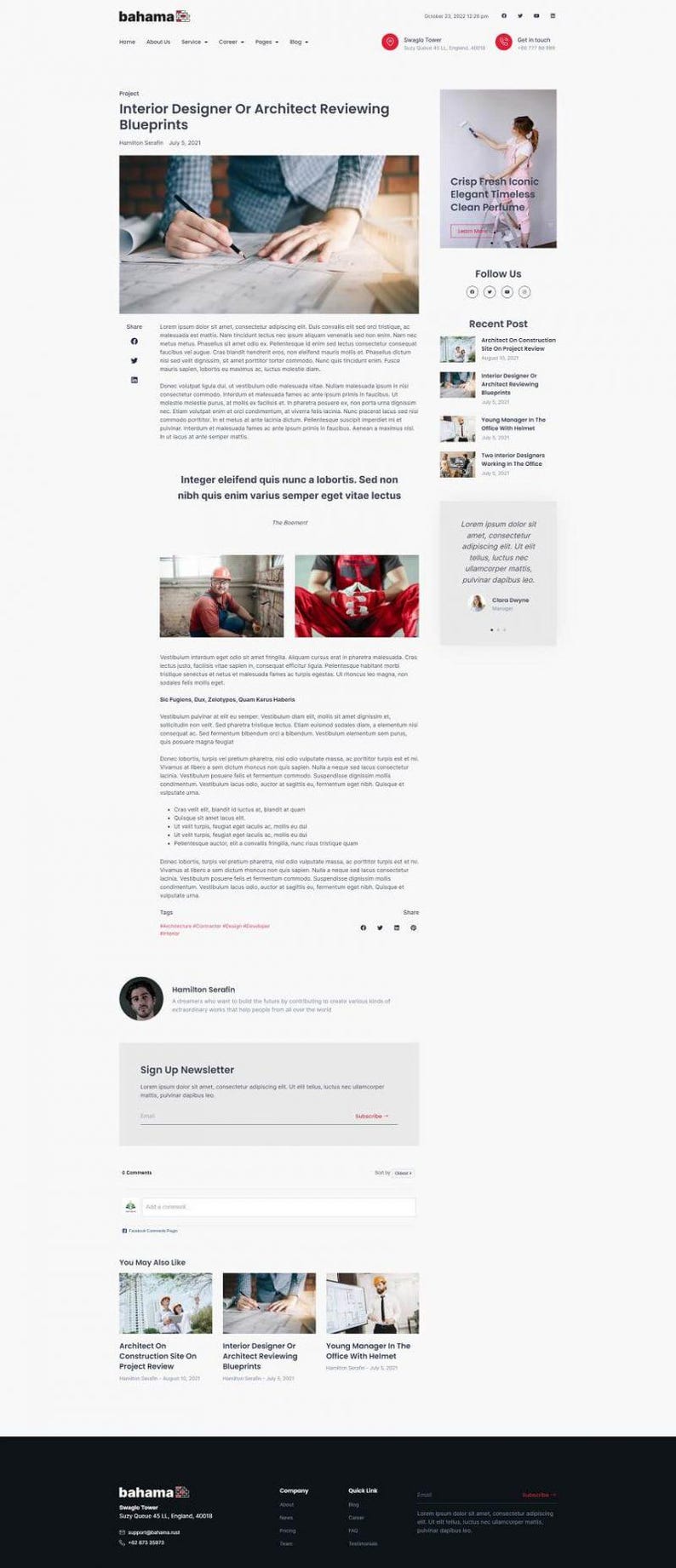 May include: A webpage titled "Interior Designer Or Architect Reviewing Blueprints" with related articles. The page includes text, images, and a sign-up form. The website's logo is at the top, and the footer contains contact information.