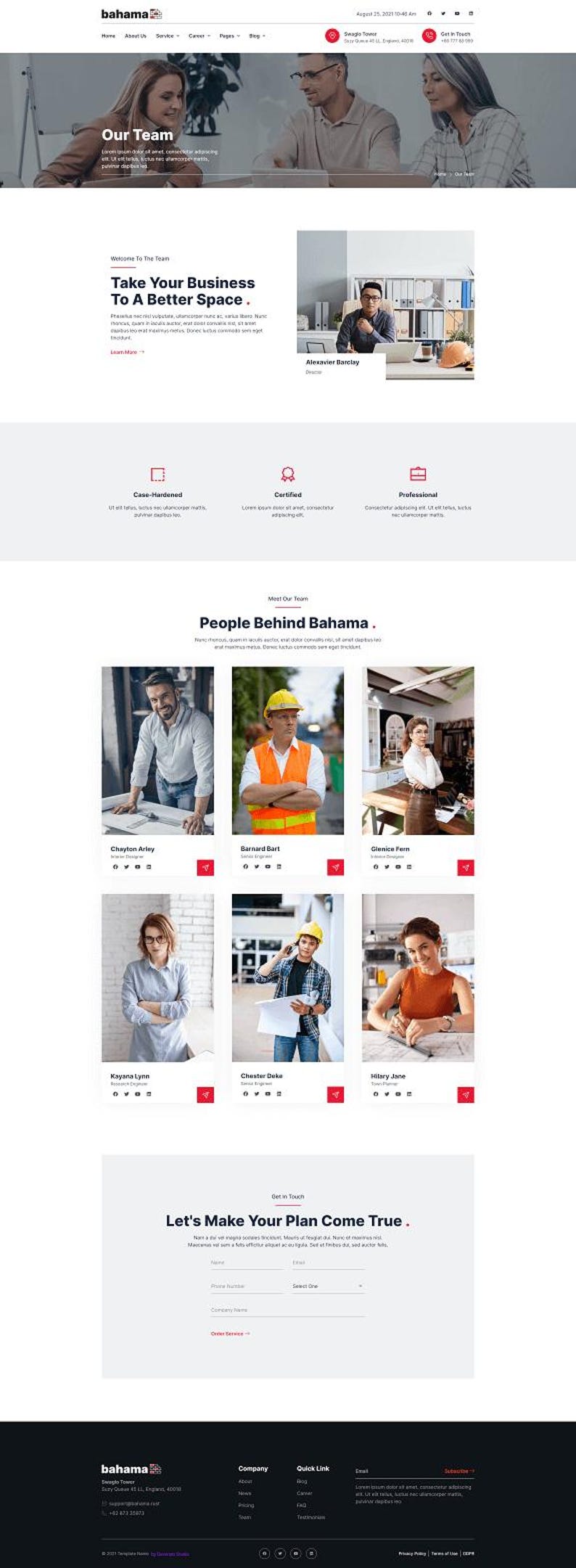 May include: A website design featuring the "bahama" logo, with sections for "Our Team," "Take Your Business To A Better Space," and "People Behind Bahama." Includes team member photos and contact forms.