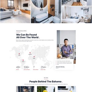 May include: Website design showcasing interior design services. The page features sections on expertise, experience, and global reach. Includes images of interior spaces, team members, and a call to subscribe to a newsletter.
