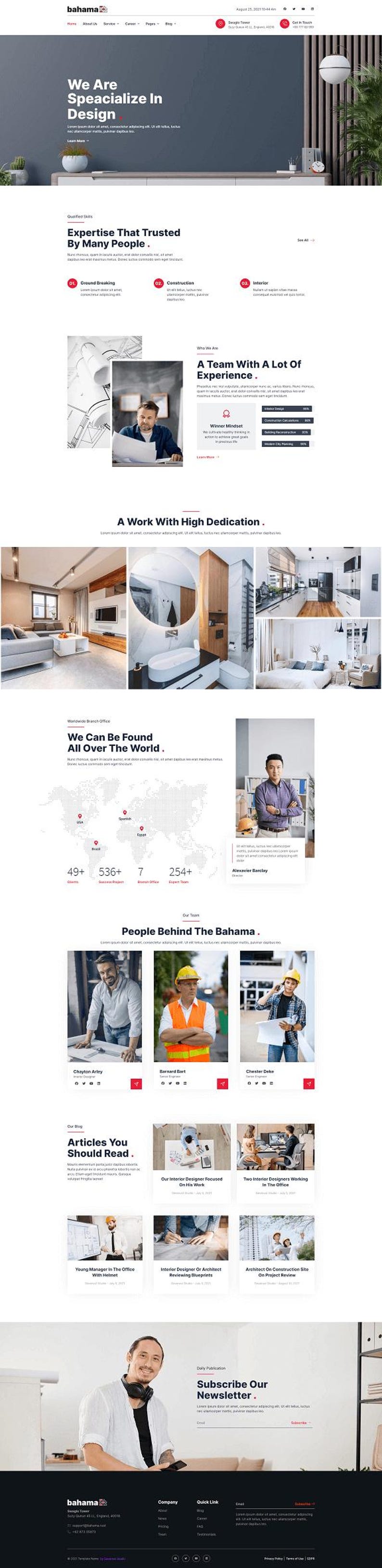 May include: Website design showcasing interior design services. The page features sections on expertise, experience, and global reach. Includes images of interior spaces, team members, and a call to subscribe to a newsletter.