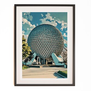 Peut inclure: Impression d'art encadrée représentant une illustration stylisée d'une grande sphère géodésique, sur fond de ciel bleu nuageux. L'œuvre représente un design architectural futuriste avec des motifs géométriques, encadrée en noir.