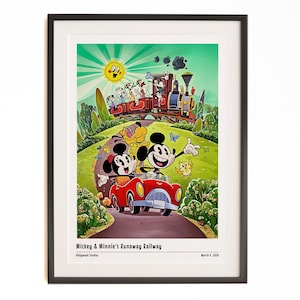 May include: Framed print of Mickey and Minnie Mouse in a red car, with a train in the background. The artwork is in a cartoon style, set against a sunny sky and green landscape. The print is titled "Mickey & Minnie's Runaway Railway."