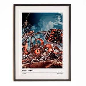 May include: Framed art print titled "Nemesis Reborn" depicting a fantasy scene with a roller coaster, a mechanical creature with a large eye, and lightning against a stormy sky. The artwork is in a black frame.