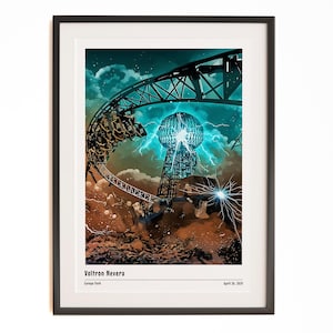 May include: Framed art print featuring a roller coaster with a futuristic design, a glowing orb, and lightning bolts. The print includes the text "Voltron Nevera" and "April 26, 2024". The artwork is set against a dramatic sky.