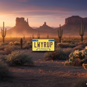 Könnte beinhalten: Gelbes Nummernschild mit dem Text "LWYRUP" und "New Mexico USA" vor einer Wüstenlandschaft mit Kakteen und Mesas. Das Schild hat einen blauen Rand und ist vor einem Sonnenuntergang platziert.