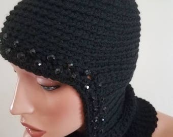 Skull hat, crocheted made. black