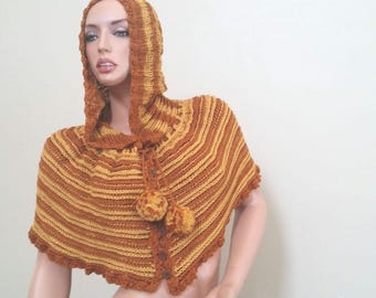 Bamboo Knitted Hooded Cape, Mustard & Cinnamon Poncho