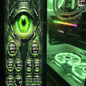 May include: A computer monitor shows system data with a green eye graphic. The screen displays CPU and GPU temperatures, clock speeds, and usage percentages. The time and date are at the top. The computer case has green LED lighting.