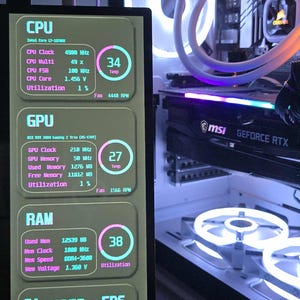 May include: A computer case with internal components illuminated by white and blue lights. A screen displays real-time CPU, GPU, RAM, storage, and FPS data. The MSI GeForce RTX graphics card is visible.