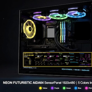 May include: A black computer case with a glass side panel, featuring internal RGB lighting in yellow, purple, green, and blue. A rectangular sensor panel displays system data with the text NEON FUTURISTIC AIDA64 SensorPanel 1920x480.