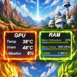 Puede incluir: Obra de arte digital con personajes de Dragon Ball Z, que muestra métricas de rendimiento. Incluye datos de CPU, GPU, RAM y FPS, junto con las velocidades del ventilador y lecturas de temperatura. El fondo muestra un paisaje con cielo azul.