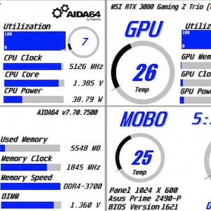 May include: A computer system monitoring screen displays real-time data. The screen shows CPU, GPU, RAM, and MOBO temperatures, utilisation, and clock speeds. The time is 5:30:16 PM, and the date is 31/7/2025.