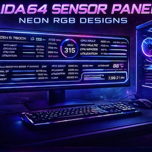 Aida64 Neon, 3 size ** Horizontal ** SENSORPANEL MODEL Aida64 **, 3 SIze available PC Monitoring Screen | Cpu GPU Temp fps ect