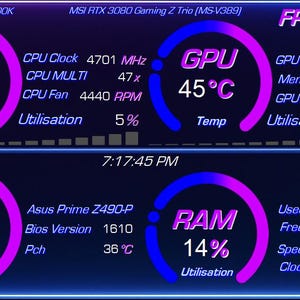 Puede incluir: Una pantalla digital que muestra métricas de rendimiento de la computadora en tiempo real. La pantalla muestra las temperaturas de la CPU, GPU, MOBO y RAM en grados Celsius, junto con las velocidades de reloj, los porcentajes de utilización y el uso de la memoria.