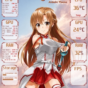 Könnte beinhalten: Digitale Illustration eines Manga-Charakters in weiß-roter Kleidung, der ein Schwert hält. Das Bild zeigt Systemüberwachungsdaten wie CPU- und GPU-Temperaturen, RAM-Auslastung und Speichernutzung. Das Wort "Manga" steht oben.