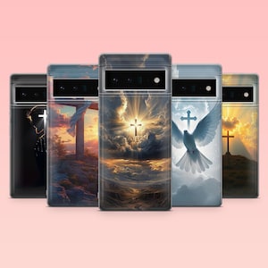 May include: A collection of phone cases featuring religious imagery. Each case displays a different scene, including a cross, a dove, and a person praying, all set against a backdrop of sunsets and clouds. The cases are clear with a glossy finish.