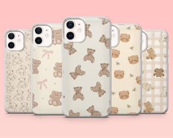 Cute Bear Phone Case Teddy Bear Kawaii Bear Cover for iPhone 16 Pro, 15, 14, 13, 12, Samsung S25+, S24FE, S23, S22, A16, A55, A25, Pixel 9
