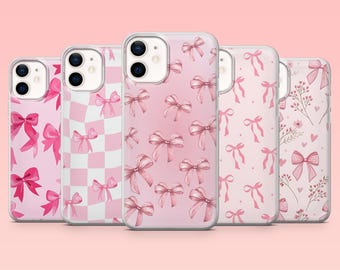 Capa de celular rosa coquete com fita feminina para iPhone 16 Pro, 15, 14, 13, 12, Samsung S25+, S24FE, S23, S22, A16, A55, A2, Pixel 9