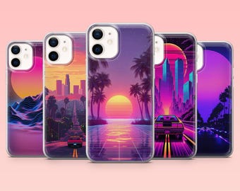May include: Five phone cases with retro-style designs. Each case features a different sunset scene with palm trees, roads, and cars. The colour palette includes pink, purple, orange, and blue hues, creating a nostalgic aesthetic.