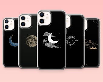 Moon Phone Case Minimalist Black for iPhone 16 Pro, 15, 14, 13, 12, Samsung S25+, S24FE, S23, S22, A16, A55, A2, Pixel 9