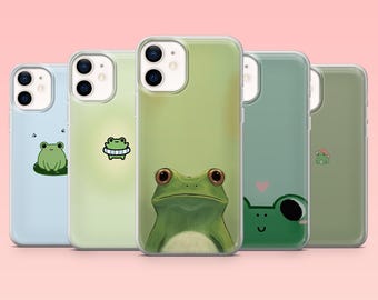 Cute Frog Phone Case Green Animal Minimalist Cover for iPhone 16 Pro, 15, 14, 13, 12, Samsung S25+, S24FE, S23, S22, A16, A55, A2, Pixel 9