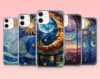 Stained Glass Phone Case Celestial Moon Sun Cover for iPhone 16 Pro, 15, 14, 13, 12, Samsung S25+, S24FE, S23, S22, A16, A55, A2, Pixel 9