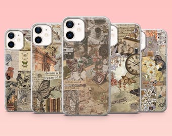 Op de afbeelding: Een verzameling van vijf telefoonhoesjes met een vintage collage-ontwerp. Elk hoesje heeft een unieke opstelling van sepia-getinte afbeeldingen, waaronder vlinders, klokken en handgeschreven tekst. De hoesjes hebben een heldere, glanzende afwerking.