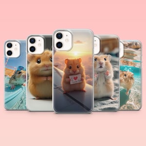 May include: A collection of five phone cases featuring adorable hamster designs. Each case showcases a different scene, including a hamster with sunglasses, a close-up portrait, and a hamster holding a sign that says "I Love You."