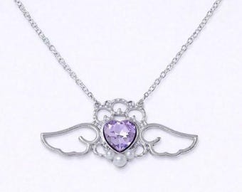 Sailor Moon Angel Inspired Magical Girl Necklace Jewelry Heart Wings Silver Lavender