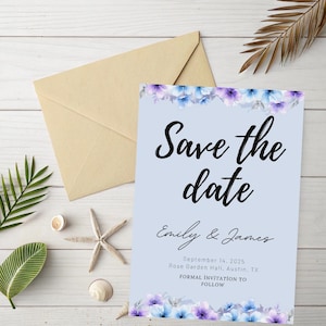 Save the Date floral azul roxo • Modelo PDF Canva editável • Download imediato