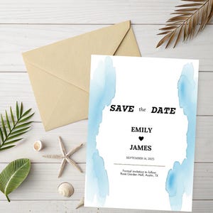 Elegante acquerello blu Save the Date • Modello PDF Canva modificabile • Download istantaneo