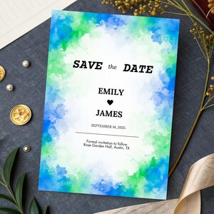 Cartão Save the Date Aquarela Azul • Modelo Canva Editável • Download Instantâneo