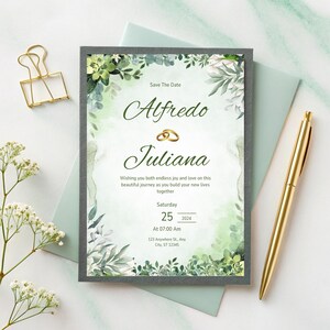 Botanische Grün Hochzeitseinladung - Druckbare Canva Vorlage | Elegantes Natur-inspiriertes Design
