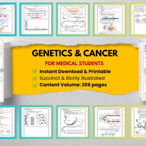 May include: A collection of illustrated pages on genetics and cancer, designed for medical students. The central text reads "GENETICS & CANCER FOR MEDICAL STUDENTS." The image highlights "Instant Download & Printable," "Succinct & Richly illustrated," and a content volume of 206 pages.